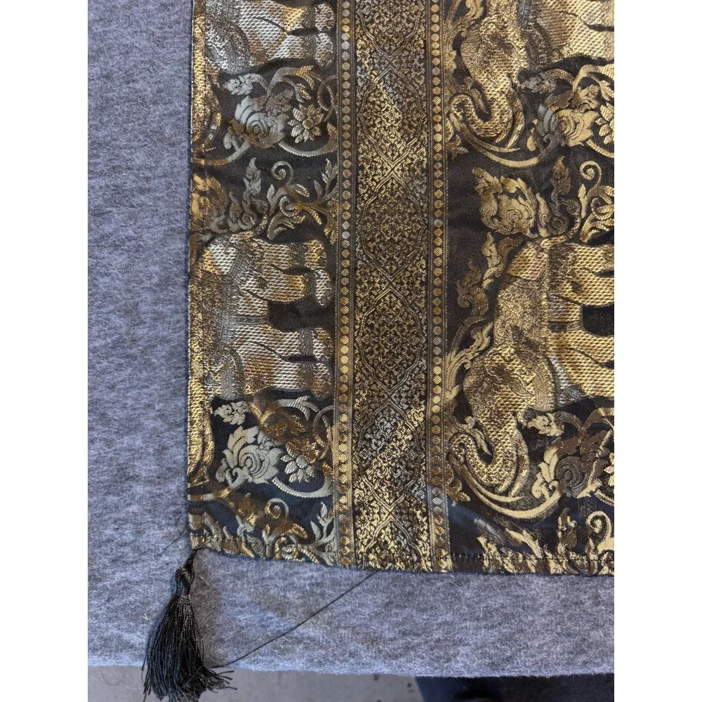 Thai Elephant Silk Blend Tapestry Scarf Gold Black Woven Tassel 69x40